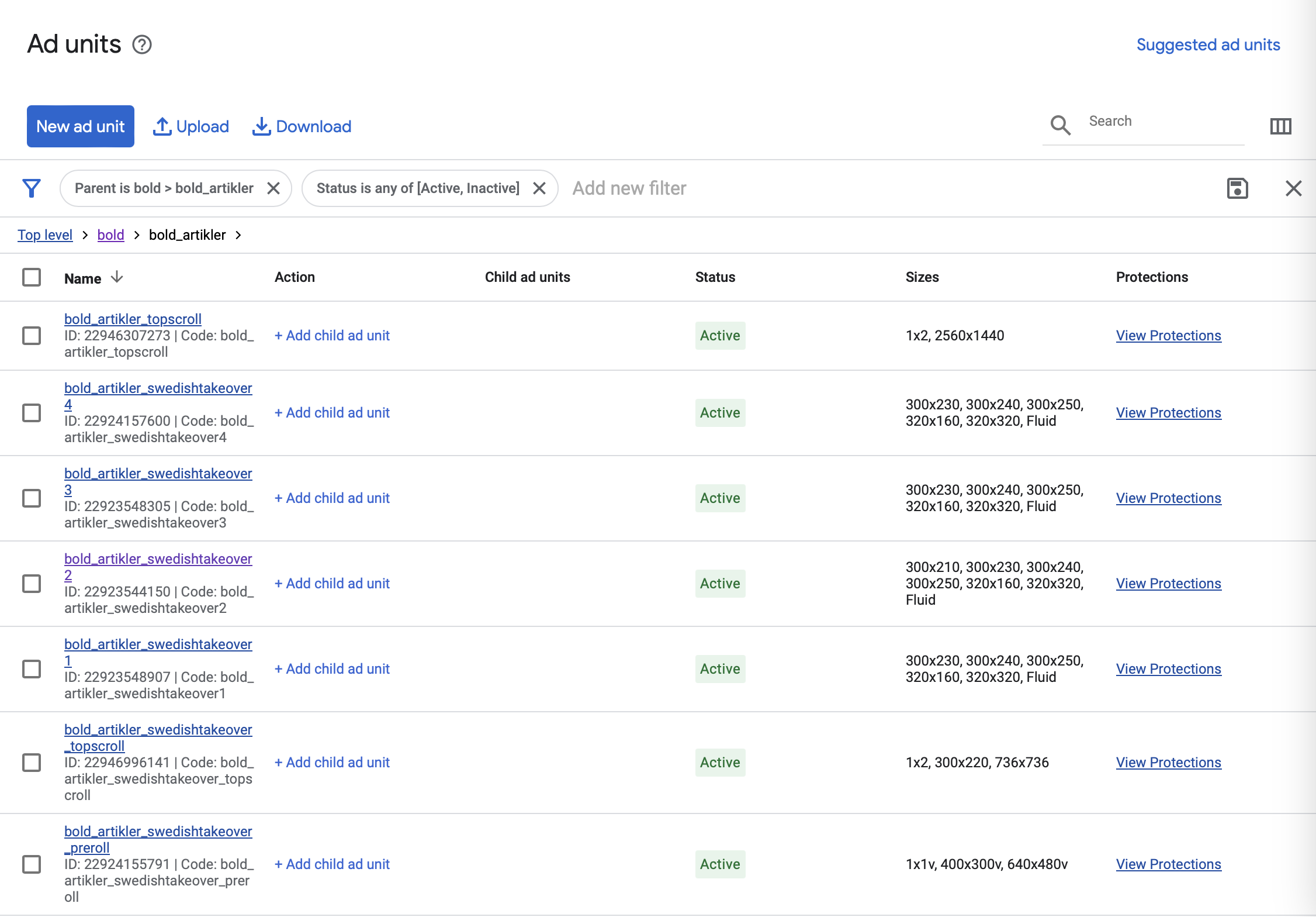 Adding sizes to ad units in Google Ad Manager